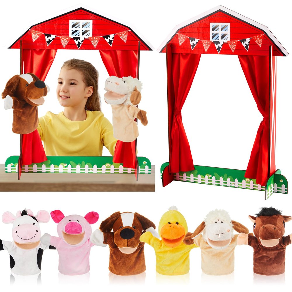 Arrowbash 7 Pcs Wooden Puppet Show Theater Animal Hand Puppets Set Show Stage Theater Soft Plush Farm Animal Supplies