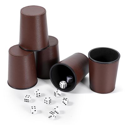 5X Dice Cup Set, PU Leather Dice Shaker Cups with 30 Dices for Bar Party Yahtzee Farkle Dice Games, Coffee (5, Brown)