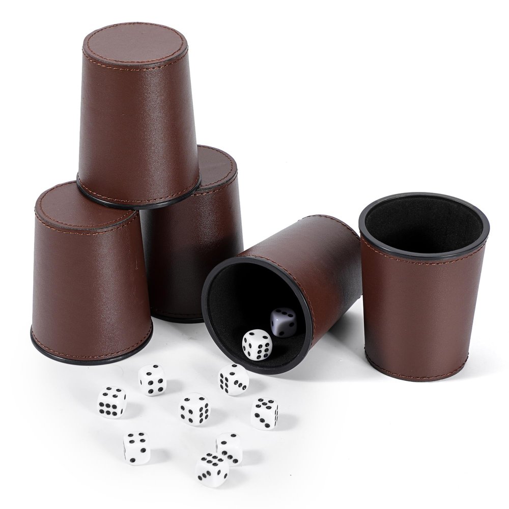 5X Dice Cup Set, PU Leather Dice Shaker Cups with 30 Dices for Bar Party Yahtzee Farkle Dice Games, Coffee (5, Brown)