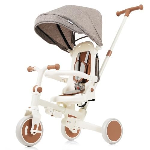 Baby Tricycle, Foldable Toddler Tricycle with Removable and Adjustable Parent Handle, Toddler Push Bike with Removable Pedal, Canopy, and Guardrail, Tricycle for 12-72 Months (Ivory)