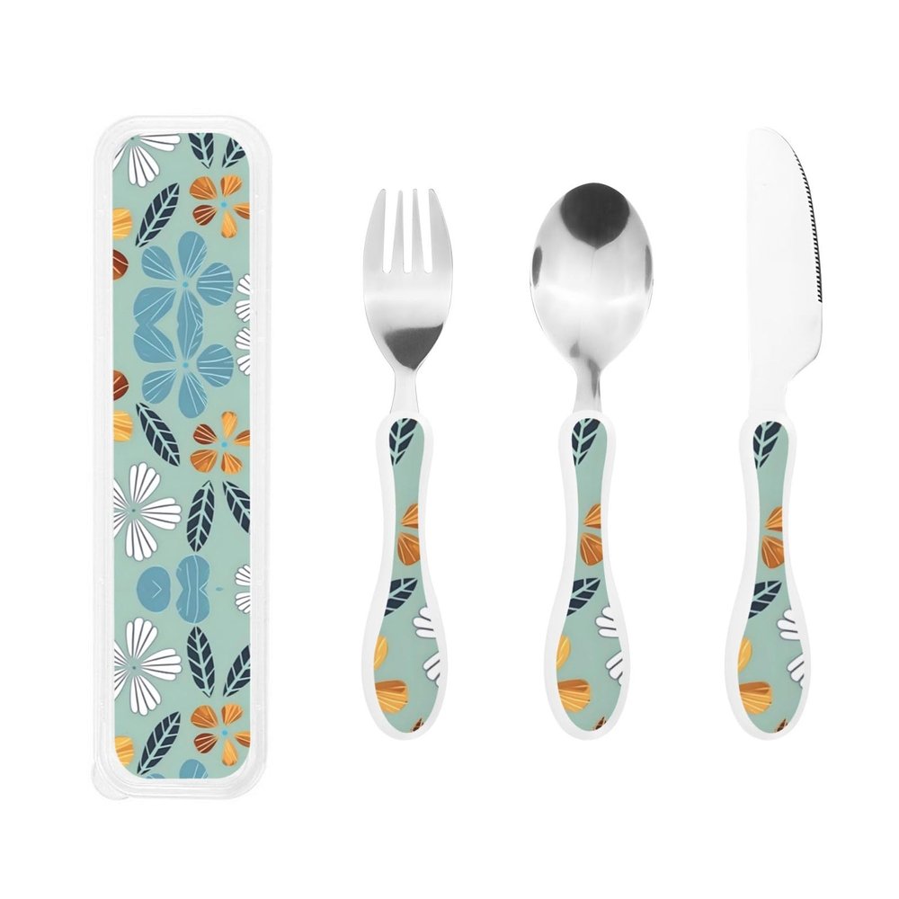 Children's cutlery 3-piece set - fork, spoon, knife + cutlery box, suitable for school, home, travel, safe and easy to use