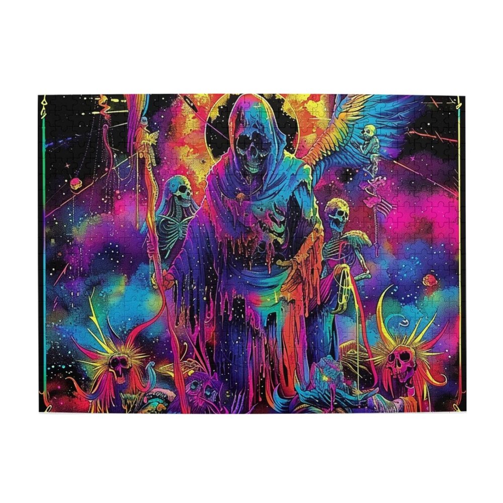 500 Piece Puzzles for Adults, Neon Rainbow Grim Reaper Demon Soul Space Black Wood Jigsaw Puzzles, Funny Challenging Puzzles, Great Gift for Family Friends