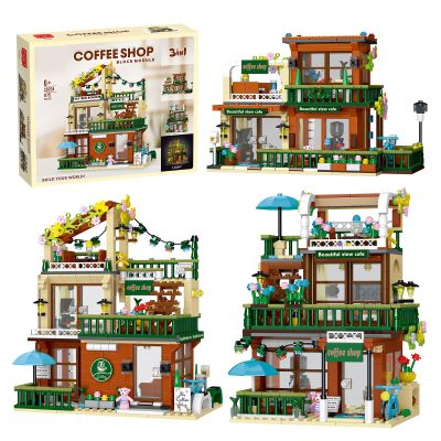 3 in 1 Street View Coffee Shop City Building Set, Compatible with City House Modular Simulation Architecture Construction Toy with LED Lights, Gift for Adults and Girls Kids Aged 8+(875 PCS)