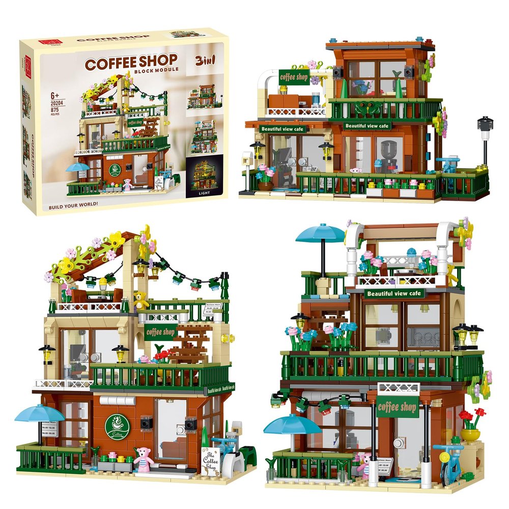 3 in 1 Street View Coffee Shop City Building Set, Compatible with City House Modular Simulation Architecture Construction Toy with LED Lights, Gift for Adults and Girls Kids Aged 8+(875 PCS)