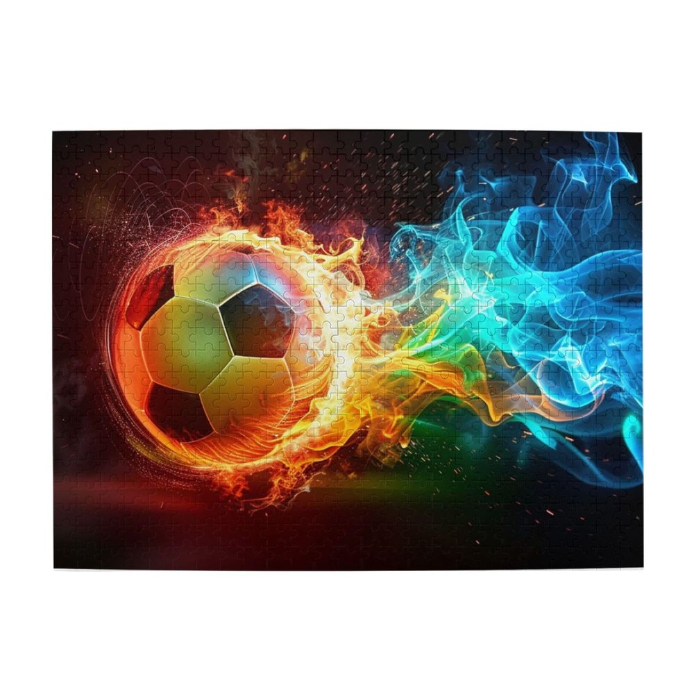 500 Piece Puzzles for Adults, Sports Soccer Ball Colorful Fire and Ice Abstract Wood Jigsaw Puzzles, Funny Challenging Puzzles, Great Gift for Family Friends