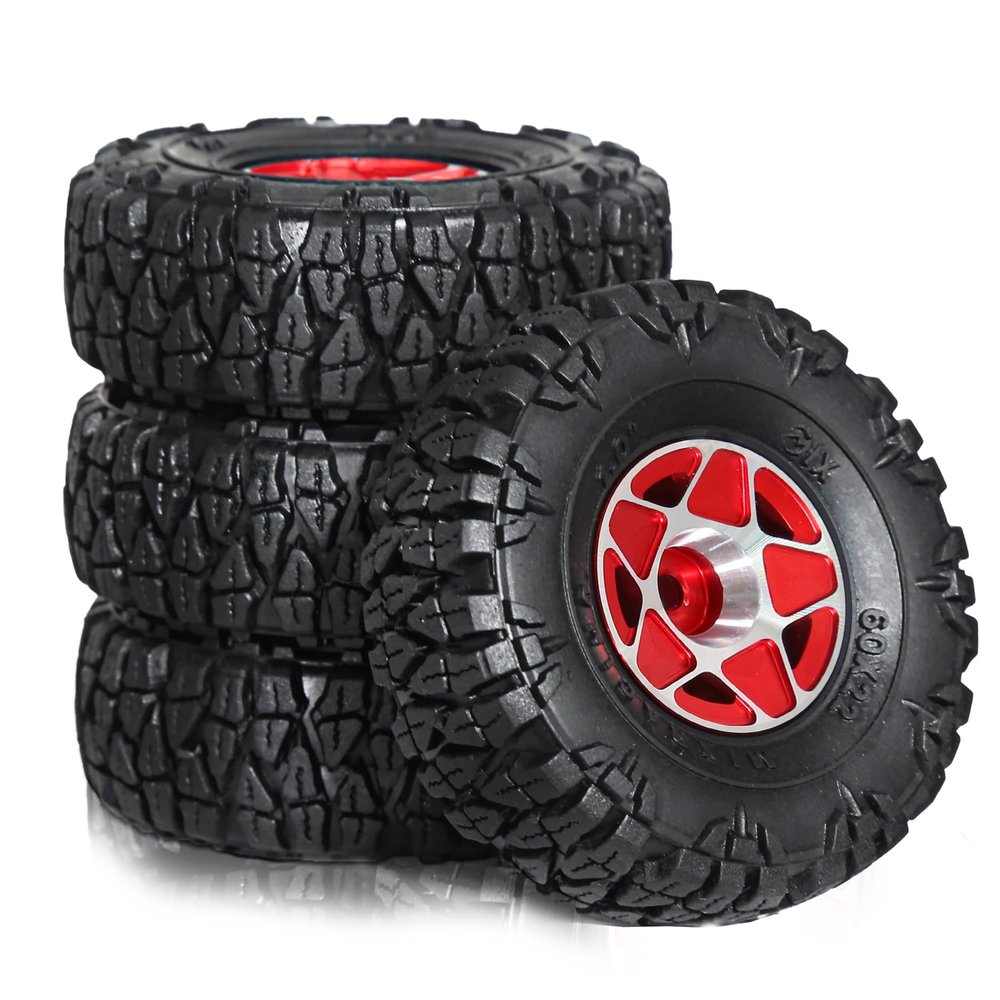 1.0in RC Crawler Tires(w/Foam Inserts Fit) and Aluminum Beadlock Wheels 7mm Hex for 1/18 1/24 Axial 90081 AX24 FCX24M FMS SCX24 RC Truck Tires refit Use (Red)