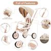 7 in 1 Baby Tricycle, Foldable Toddler Tricycle with Removable and Adjustable Parent Handle, Toddler Push Bike with Removable Pedal, Canopy, and Guardrail, Tricycle for 12-72 Months (Light Brown) view 4