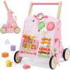 CUTE STONE Wooden Baby Walker, Montessori-Style Push Walker with Activity Center, Adjustable Height, Push Toys for Toddler Development, First Birthday Gift for Kids Pink view 1