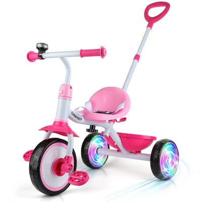 Liberry 2 in 1 Toddler Tricycle Age 2 3 4 Years Old, Kids Trike with Light Up Wheels, Adjustable Push Handle, 3 Wheel Bike Outdoor Indoor Riding Toy Gift for Girls Boys, Pink