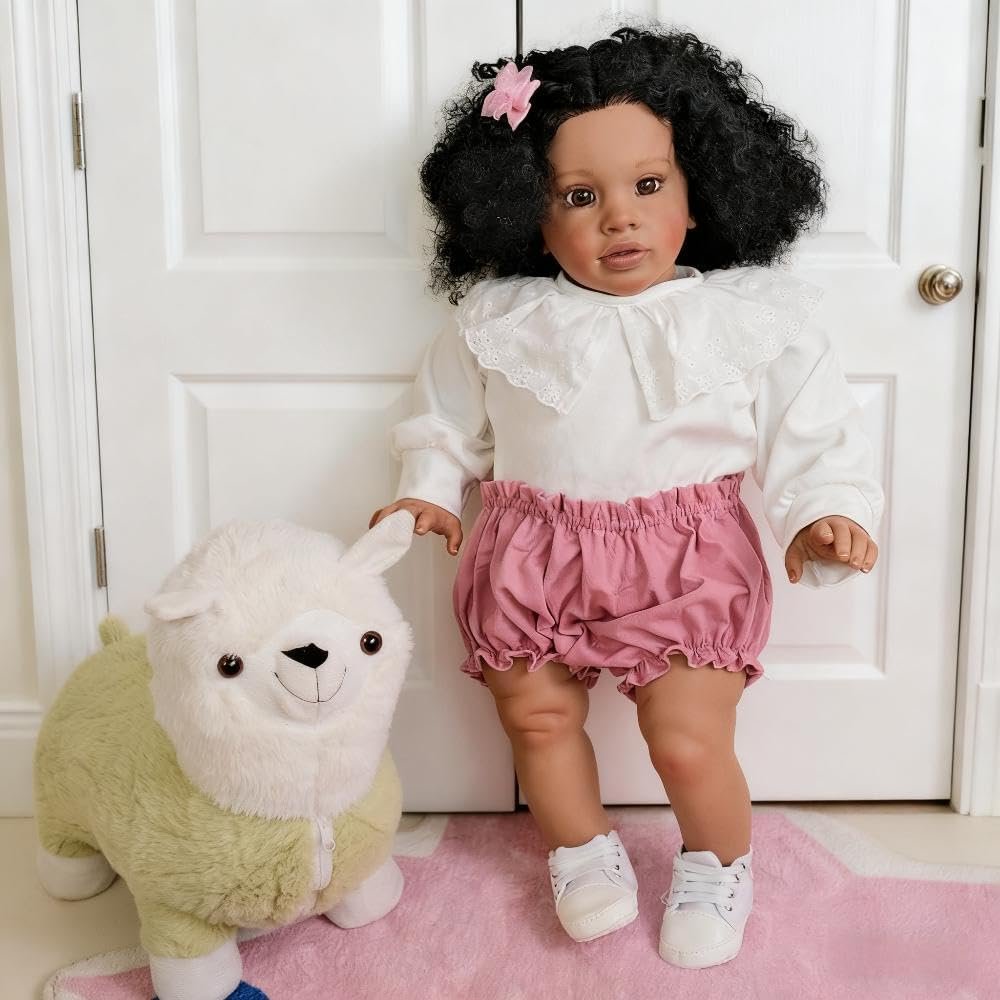 Anano Big Size Black Reborn Baby Dolls Pippa - African American Biracial Babies, 26 Inch Realistic Toddler Reborn Doll, Dark Skin Silicone Dolls, Soft Cloth Body