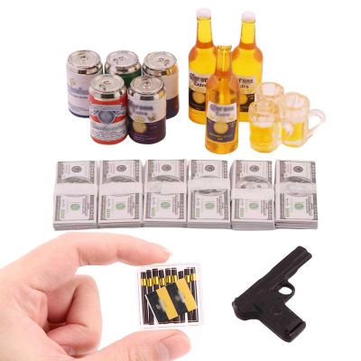 1 Set Mini Prop Miniature Beer Bottles Mini Beer Cans Miniature Money 100 Dollar Bills Model Set for 1/6 Scale Tiny Doll Assesories Dollhouse Decoration Figure Accessories (Set C)