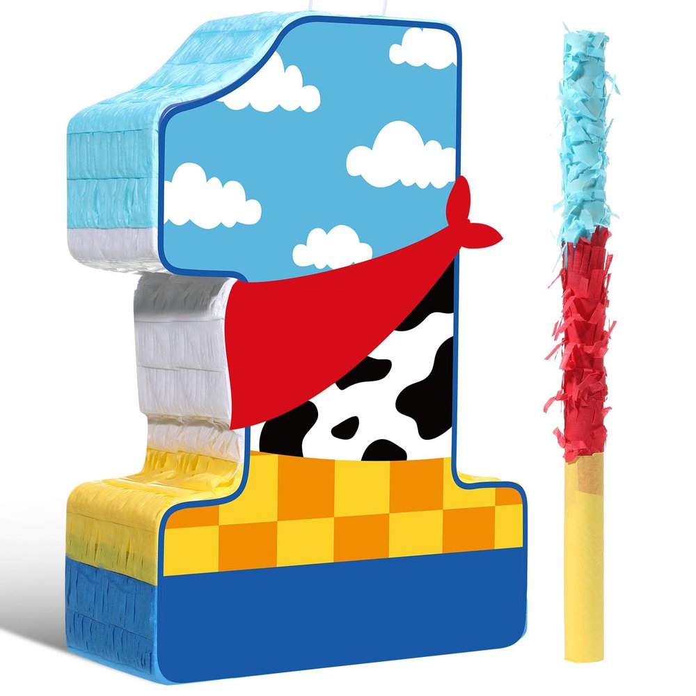 Hungdao Toy Inspired Birthday Piata for Kids Cartoon Cow Number Piata Decorations Summer Cartoon Game with Stick Red Scarf Blue Sky Cloud Boys Girls Baby Shower Farm Party Favor(Number 1)