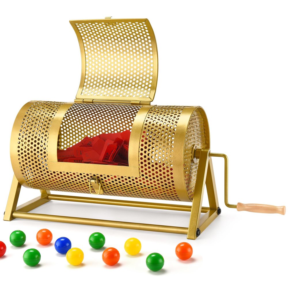 Raffle Drum 15" x 7" Holds 3,000 Tickets, Thickened Metal Raffle Ticket Spinner Box with Sealing Tape, Silent Design Raffle Ticket Cage with Wooden Turning Handle & Stable Tripod Stand for Games