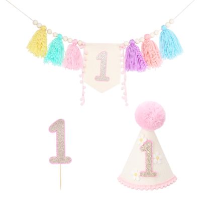 3 Pcs Baby Girl First Birthday Decorations, Happy First Birthday Banner, Unique 1st Birthday Decorations Includes High Chair Banner Crown Hat and Cake Topper (color)