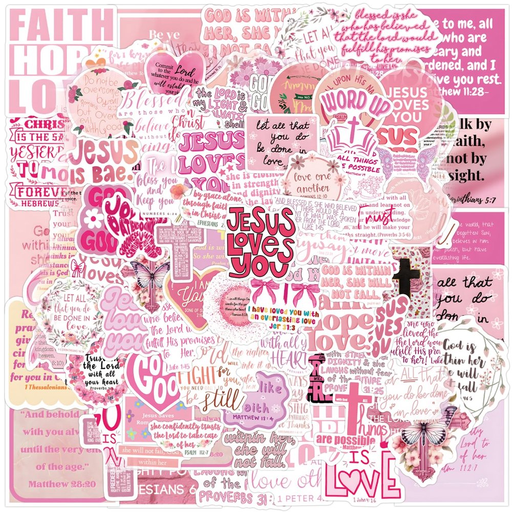 100 Pcs Bible Verse Stickers Pink Christian Stickers for Adults Women Faith Bible Religious Vinyl Waterproof Stickes for Water Bottles Laptops Phone Luggage Guitar