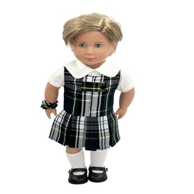 18 inch Doll Outfit-School Plaid Jumper Include Blouse and Hair Accessory/Add on Option: Sock and Shoe (Doll is not Included) (Zip Jumper,Sock,Matte Black Shoe, Plaid 45)