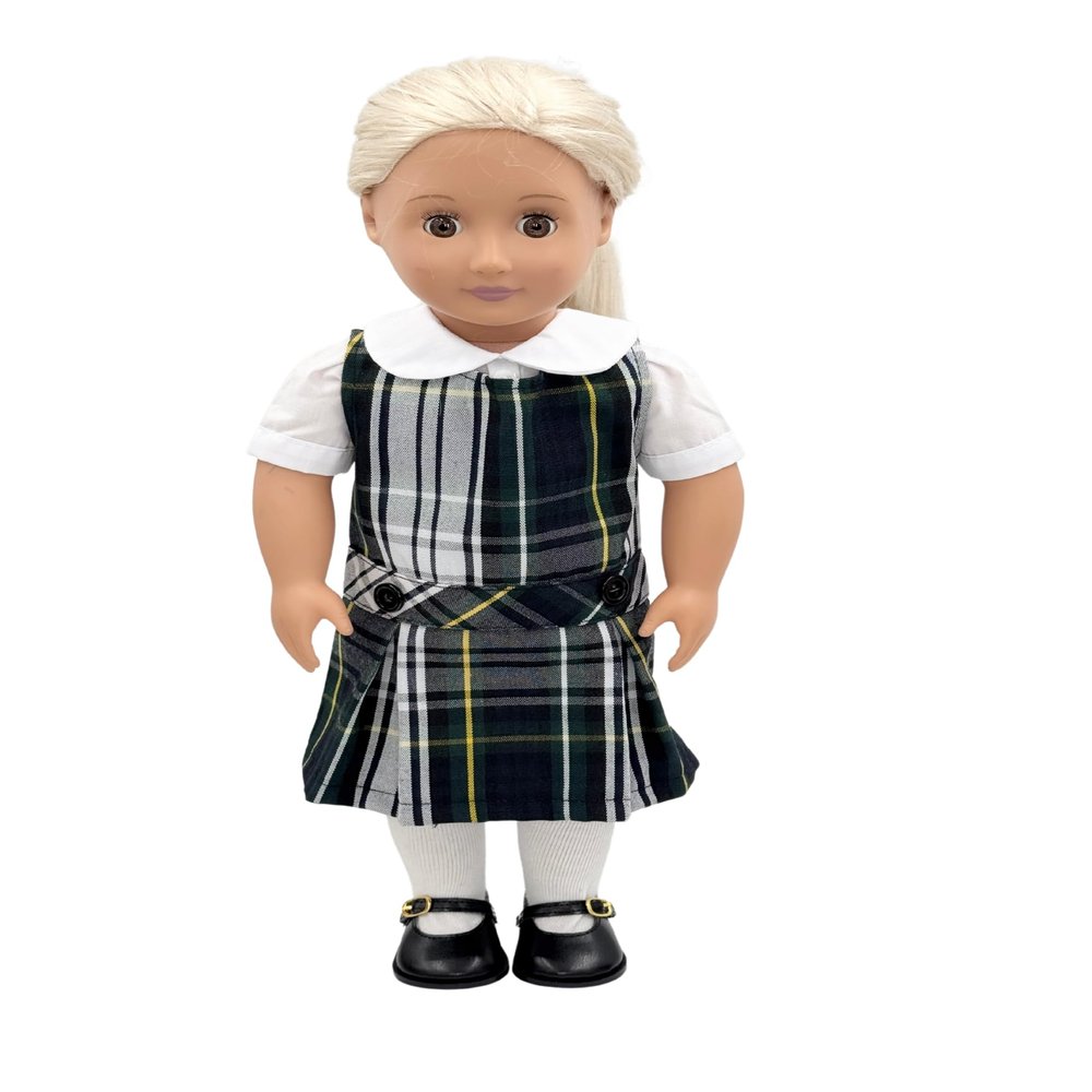 18 inch Doll Outfit-School Plaid Jumper Include Blouse and Hair Accessory/Add on Option: Sock and Shoe (Doll is not Included) (Dropped Waist Jumper,Sock,Matte Black Shoe, Plaid 45)