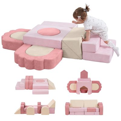 MOOZHEALTH 13 Pieces Foam Climbing Blocks for Toddlers|Floral Baby Soft Play Gym,Kids Indoor Crawing Climbers & Play Structures for Bedroom,Livingroom & Playroom,Pink & Beige