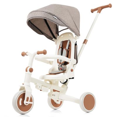 Baby Tricycle, Foldable Toddler Tricycle with Removable and Adjustable Parent Handle, Removable Pedal, Canopy, and Guardrail, for 12-72 Months (Ivory)