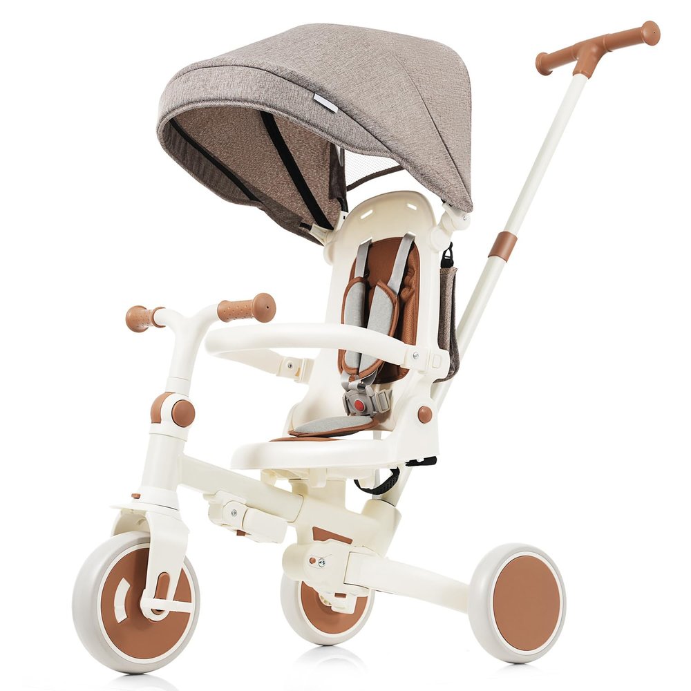 Baby Tricycle, Foldable Toddler Tricycle with Removable and Adjustable Parent Handle, Removable Pedal, Canopy, and Guardrail, for 12-72 Months (Ivory)