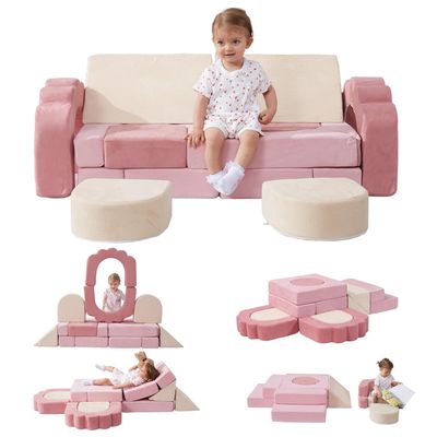 GudoInsole 13-Piece Soft Foam Climbing Blocks for Toddlers 13, Soft Toddler Climbing Toys Indoor, High-Density Modular Foam Play Set for Climbing Crawling and Sliding(Beige Pink)