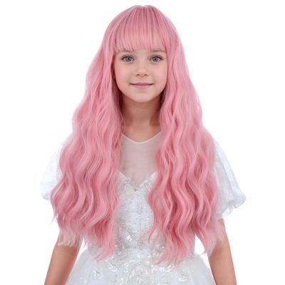 WAVELNM Kids Pink Wig with Bangs Pastel Pink Child Wigs Girls Long Wavy Curly Wig for Kids Synthetic Wigs for Daily Halloween Party Use