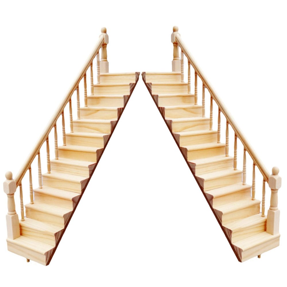2Pcs 1 12 Scale Dollhouse Furniture, Wooden Miniature Stairs Dollhouse Furniture Right and Left Armrest Handrail DIY Unpainted Staircase for Accessories, 1 12 Scale