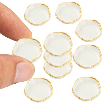 10Pcs Miniature Kitchen Set, Resin Plates 1/12 Scale Accessories White with Golden Trim Round Dishes Miniature Furniture Decoration Ornament for Vintage Kitchen Dining Room, Set