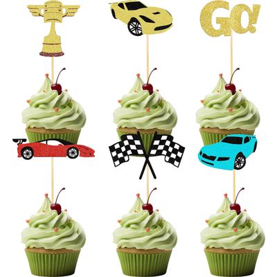 12 Pcs Race Car Cupcake Toppers Glitter Race Car Trophy Cupcake Decorations for Motorsport Theme Parties, Birthdays Party Supplies