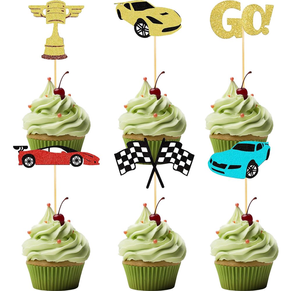 12 Pcs Race Car Cupcake Toppers  Glitter Race Car Trophy Cupcake Decorations for Motorsport Theme Parties, Birthdays Party Supplies