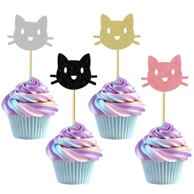 12 PCS Cat Cupcake Toppers, Multicolor Glitter Kitten Cake Decorations for Cat Lovers or Pet Theme Party Kids Birthday Parties Supplies