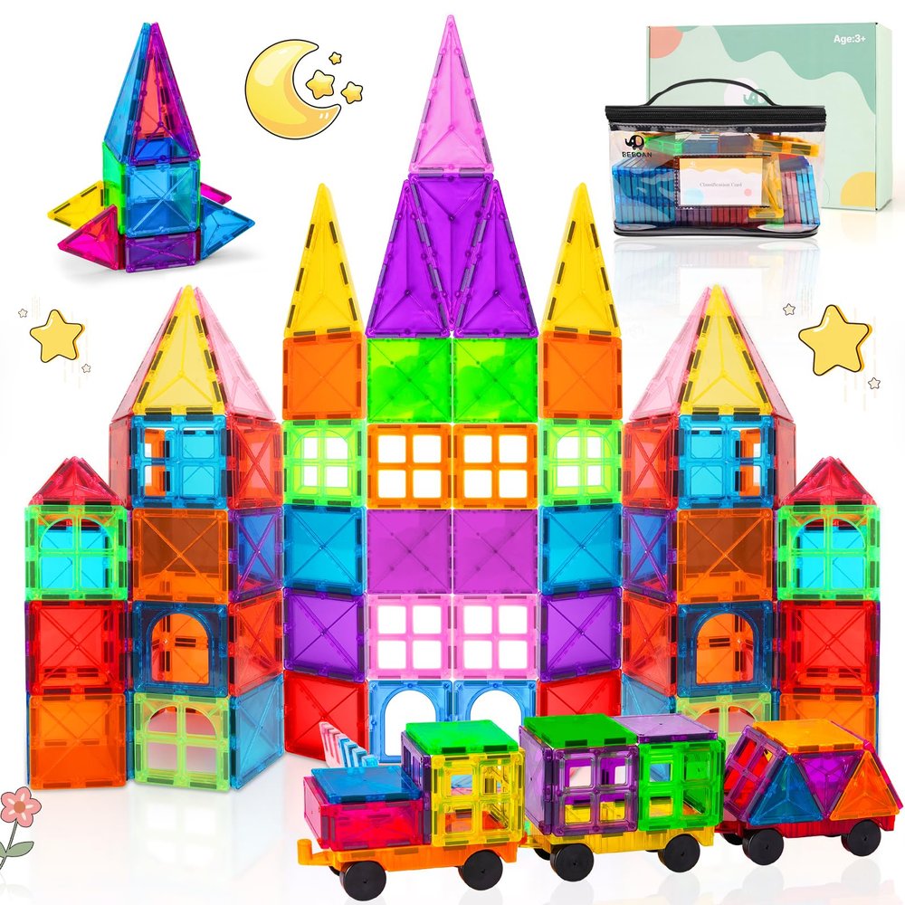 BEBOAN Magnetic Tiles with Storage Bag - 100 Pcs Magnet Buliding Toys for Kids Toddlers 3-5/4-8, STEM Preschool Toys Magnetic Blocks Sets