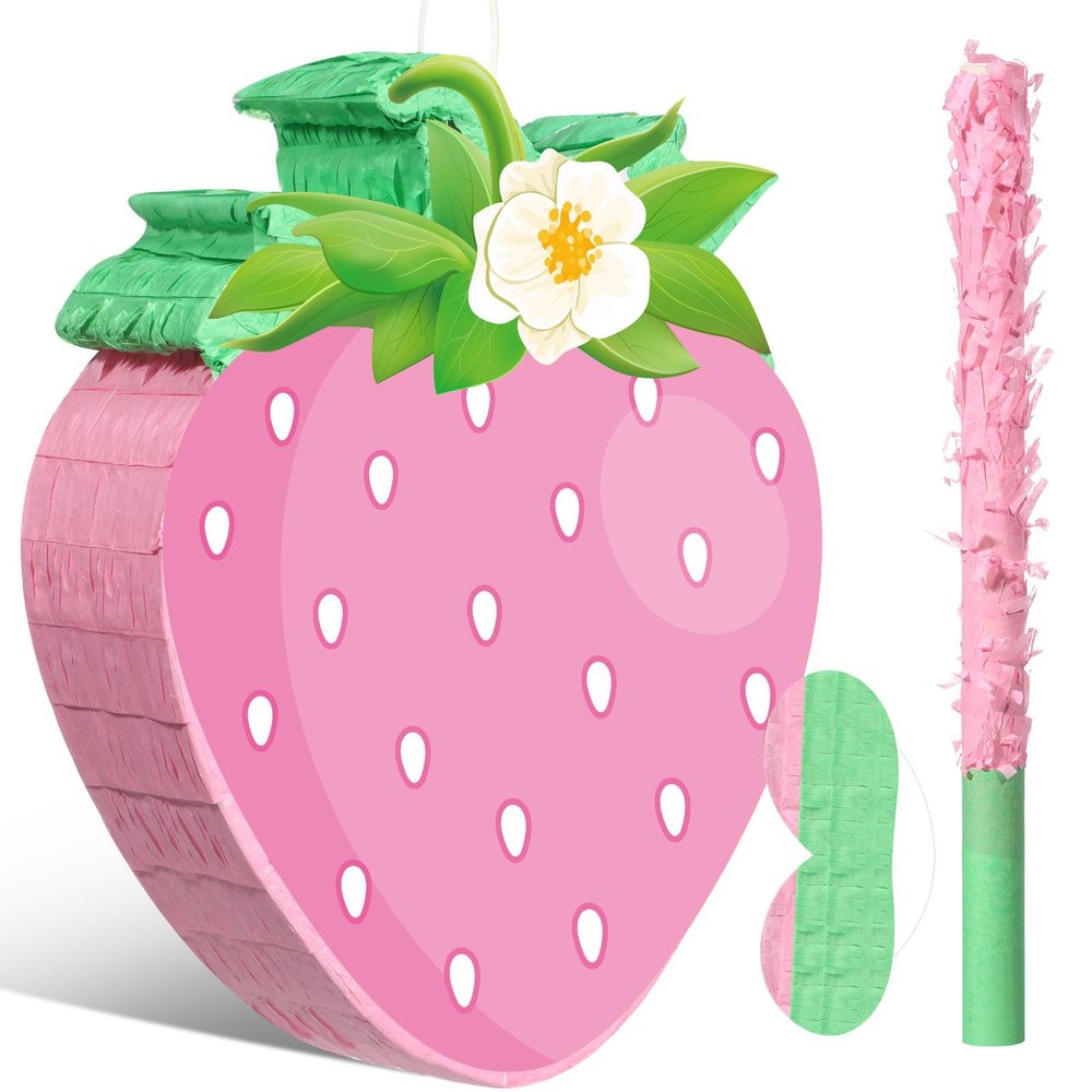 Aoriher Small Strawberry Piata with Stick and Blindfold for Girls Birthday Party, 16 Inch Fruit Theme Decoration for Berry First Birthday Supplies, Sweet One Baby Shower Game Centerpiece Summer Decor