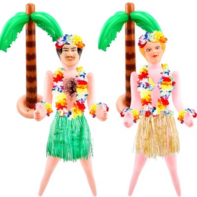 2 Set Hawaiian Inflatable Tree Blow up Doll Set with Hawaiian Lei and Grass Skirt Blow up Palm Tree for Hawaiian Beach Pool Bachelorette Party Halloween Party Props Gags Game, 2 Style