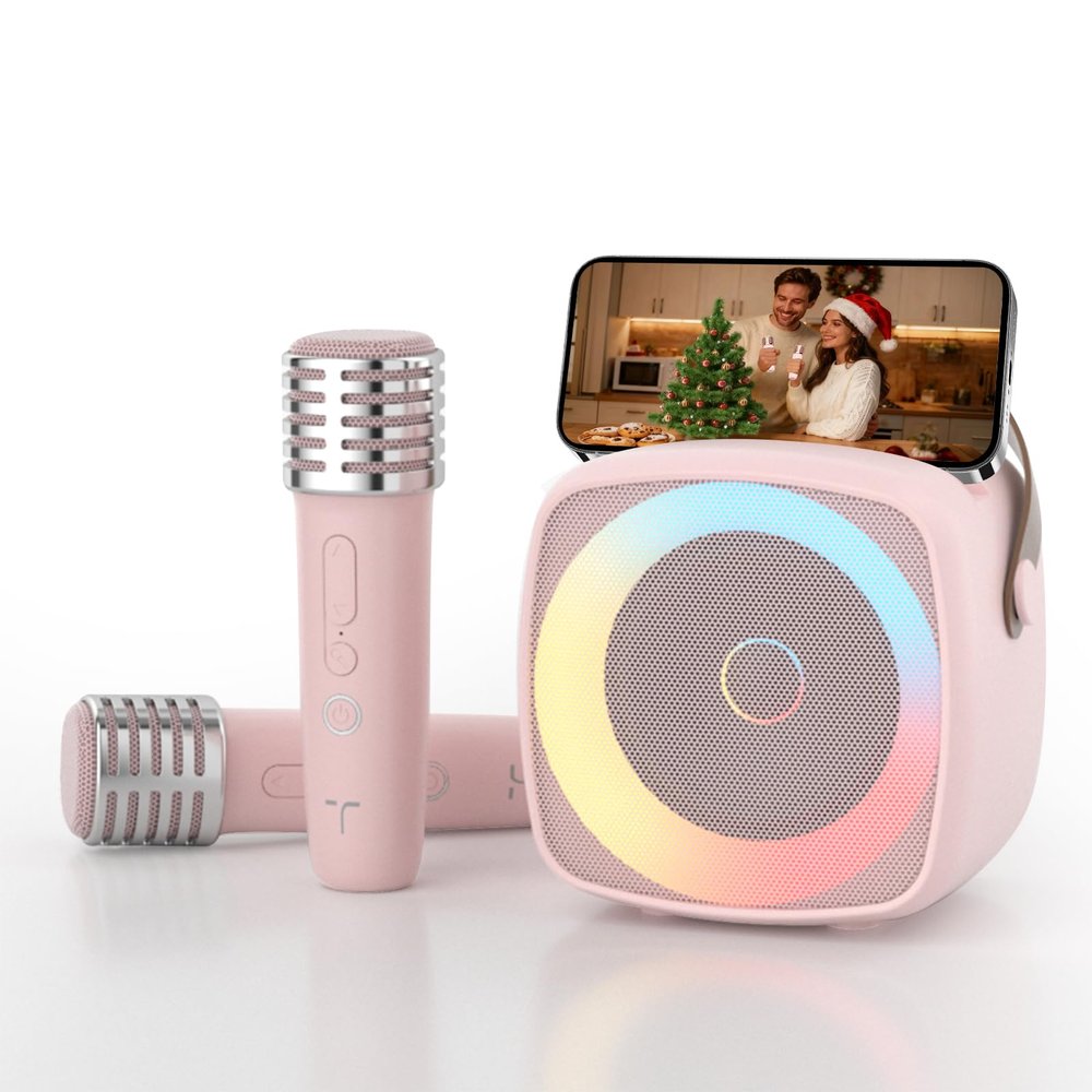 TANALAZ Karaoke Machine 2 Microphones for Home Party with Phone Holder, Wireless Portable Bluetooth Speaker with Dynamic Lights for Kids Adults Mini Voice Changer Mic Speaker Set