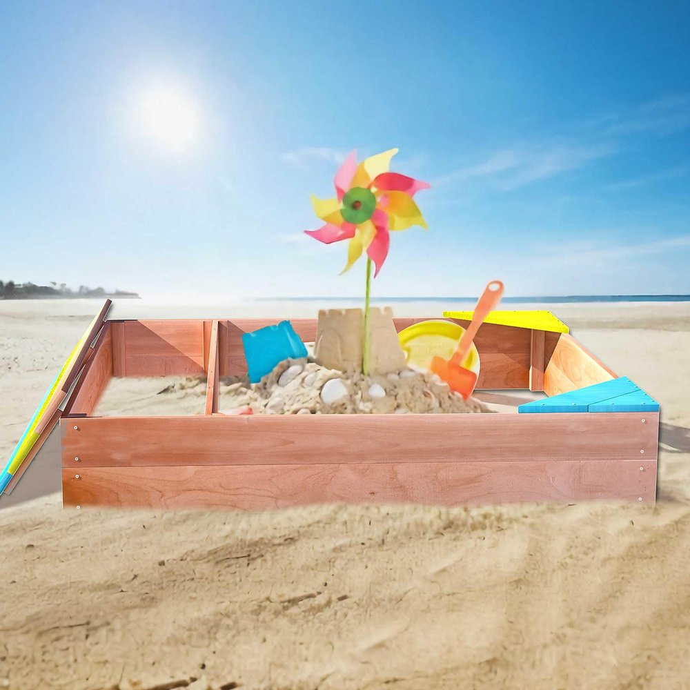 45.3" Outdoor Sandbox for Kids with Retractable Canopy, Wooden Sand Box with Lid and Cover, Adjustable Sunshade, Large Sand Pit for Toddlers & Kids Ages 3-10 (Colorful Wood)