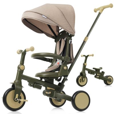 7-in-1 Tricycle for Toddlers, Foldable Push Bike with Adjustable Handle, Removable Pedals, Canopy and Guardrail, Baby Tricycle for Boys and Girls, Gift for Kids 1-6 Years, 12-72 Months, (Dark Green)