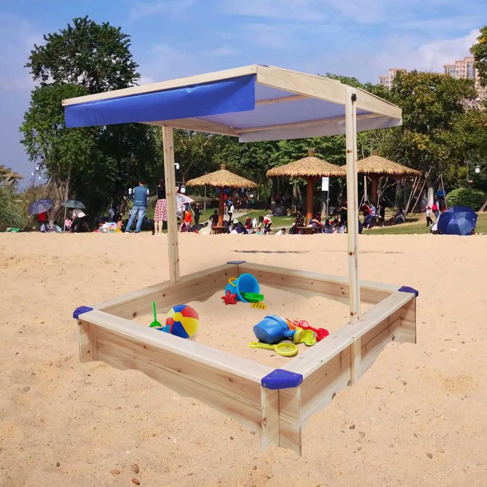 45.3" Outdoor Sandbox for Kids with Retractable Canopy, Wooden Sand Box with Lid and Cover, Adjustable Sunshade, Large Sand Pit for Toddlers & Kids Ages 3-10 (Nature Wood)