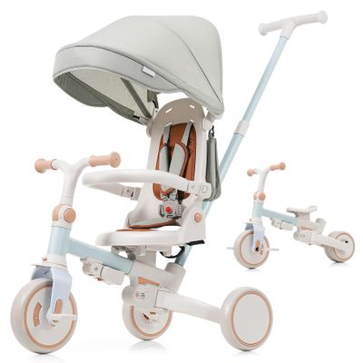 7-in-1 Tricycle for Toddlers, Foldable Push Bike with Adjustable Handle, Removable Pedals, Canopy and Guardrail, Baby Tricycle for Boys and Girls, Gift for Kids 1-6 Years, 12-72 Months, (Blue)