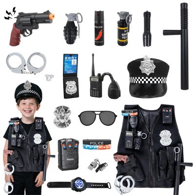 17Pcs Kids Police Officer Costume Set with Hat and Accessories, Cop Dress Up Outfit for Boys & Girls, Pretend Play Police Uniform with SWAT Vest and Whistle, Halloween Role Play Costume 5-10 years