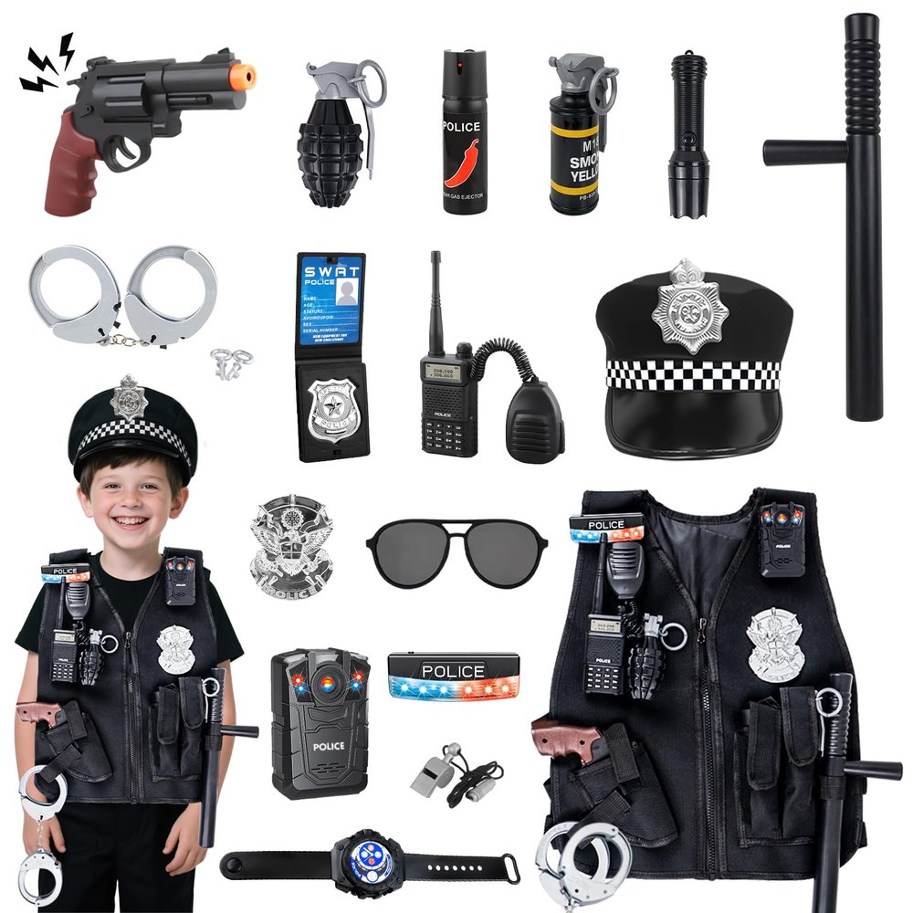 17Pcs Kids Police Officer Costume Set with Hat and Accessories, Cop Dress Up Outfit for Boys & Girls, Pretend Play Police Uniform with SWAT Vest and Whistle, Halloween Role Play Costume 5-10 years