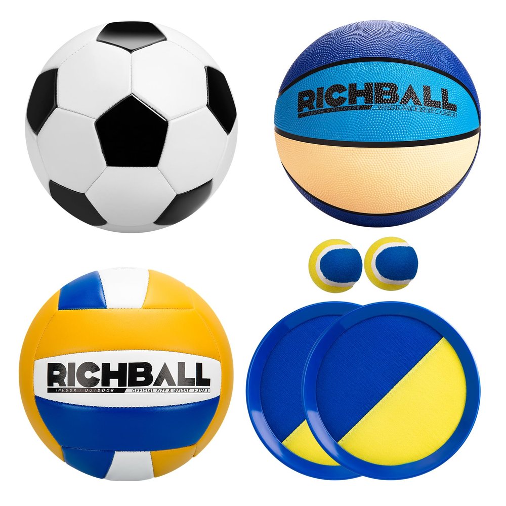 Richball 4-in-1 Outdoor Sports Ball Set for Kids Soccer, Basketball, Volleyball and Toss & Catch Paddle Ball Game All-in-One Gift Stocking Stuffers for Kids Boys & Girls Ages 3+