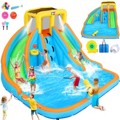 11x10.2 FT Inflatable Dual Water Slide w/Catch Ball Set, 11-in-1 Blow Up Waterpark w/2 Long Slides, Splash Pool, Climbing Wall, Basketball Rim, Water Cannon - 5 Water Toys & Inflatable Ball & Blower