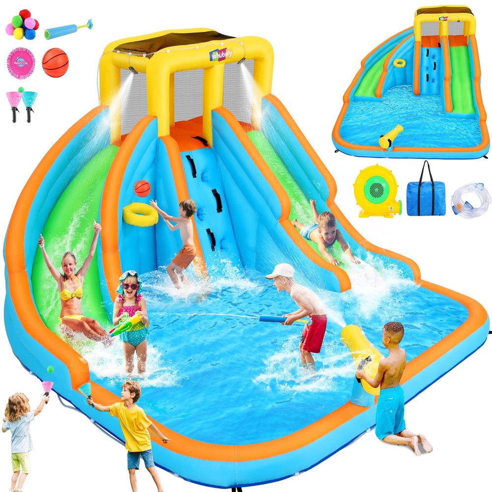 11x10.2 FT Inflatable Dual Water Slide w/Catch Ball Set, 11-in-1 Blow Up Waterpark w/2 Long Slides, Splash Pool, Climbing Wall, Basketball Rim, Water Cannon - 5 Water Toys & Inflatable Ball & Blower
