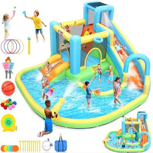12.8x12FT Water Slide Bounce House for Kids, 12-in-1 Inflatable Water Park with Catch Ball Set/Toss Rings/Water Soaker Balls/Water Gun/Basketball/Splash Pool/Water Cannon/Climbing Wall/Basketball Hoop