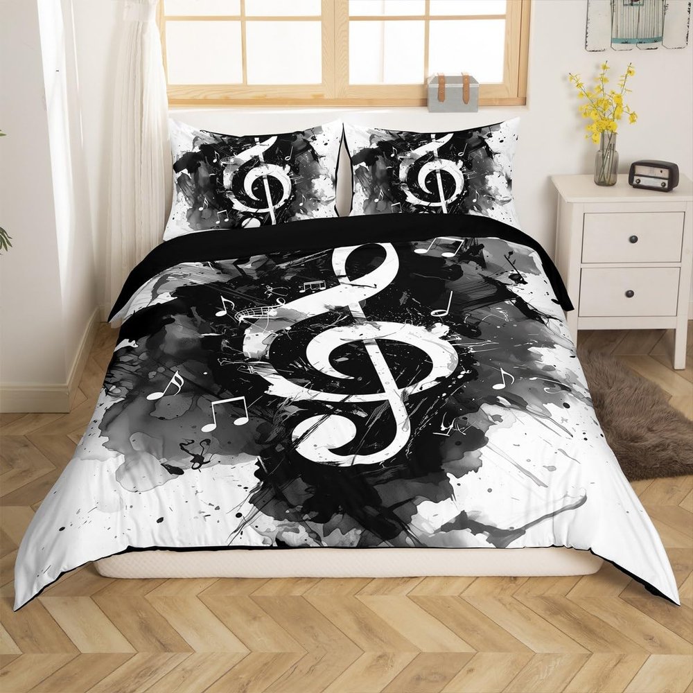 jejeloiu Music Bedding Set Toddler Size Guitar Instruments Comforter Cover for Boys Girls Teens Black White Duvet Cover Breathable Soft Lightweight MicrofiberNo Comforter