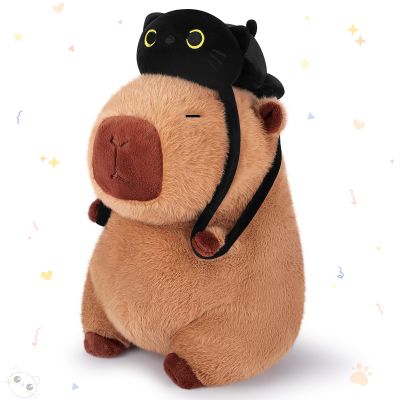 Achwishap Capybara Plush,Capybara Stuffed Animal Cute Plushies,Capybara Plush Toys,Kawaii Plushie Stuffed Toy with Black Cat Backpack Plushies Gifts for Kids Adults Birthday Valentines,Brown 14