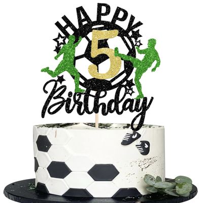1 Pack Soccer Happy 5th Birthday Cake Topper Sport Soccer Ball Cake Picks for Football Theme Kids 5th Birthday Party Cupcake Decorations Supplies
