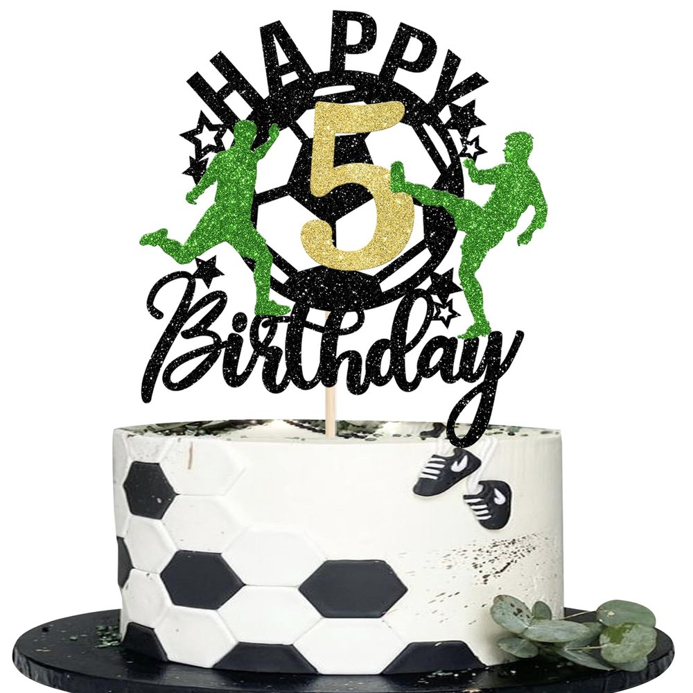 1 Pack Soccer Happy 5th Birthday Cake Topper Sport Soccer Ball Cake Picks for Football Theme Kids 5th Birthday Party Cupcake Decorations Supplies