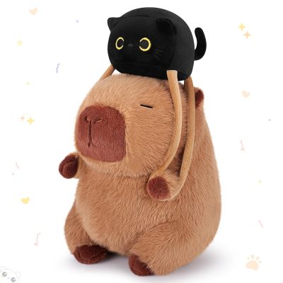 Achwishap Capybara Plush,Capybara Stuffed Animal Cute Plushies,Capybara Plush Toys,Kawaii Plushie Stuffed Toy with Black Cat Backpack Plushies Birthday Gifts for Kids Adults,Brown 9.1